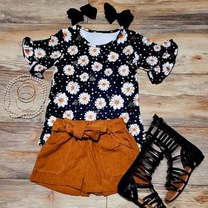 Black sunflower half sleeve ruffle top with matching brown corduroy tie up short